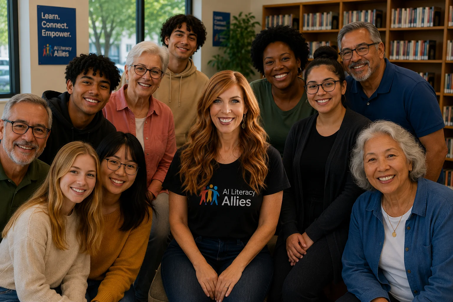 A group of people of different ages gathered together in a library.
