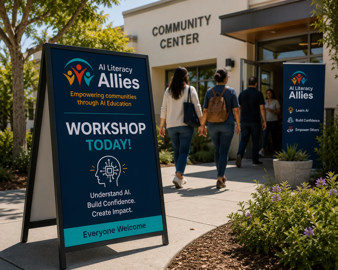 Visitors arriving at a community center for an AI Literacy Allies workshop.