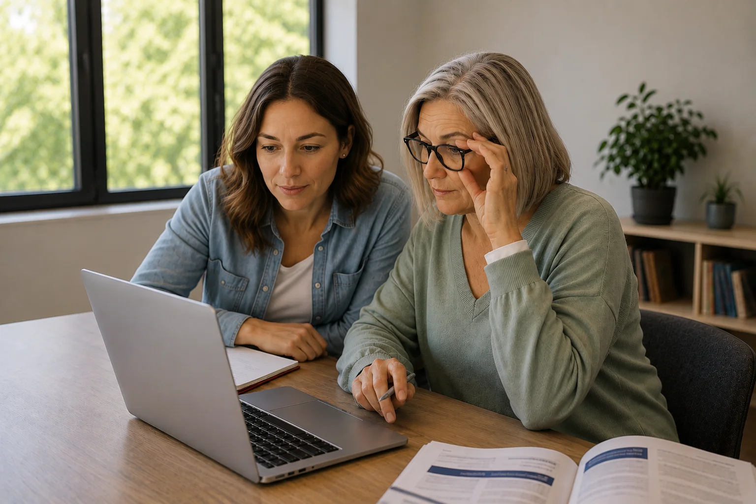 Two women exploring a laptop together in a community learning space.