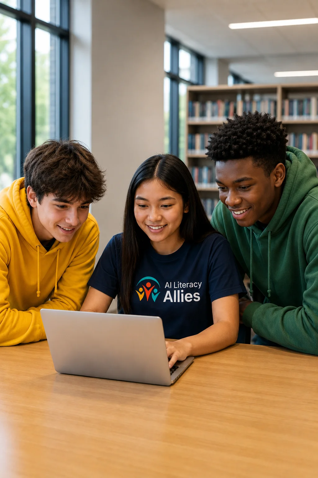 Three young adults learning together around a laptop in a library.